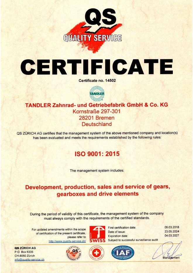 Tandler Certificate ISO 9001